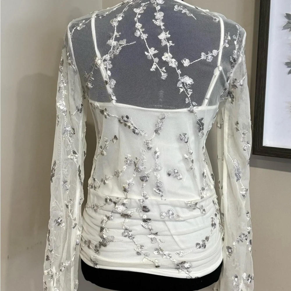 White House Black Market Sheer White Embroidered Blouse